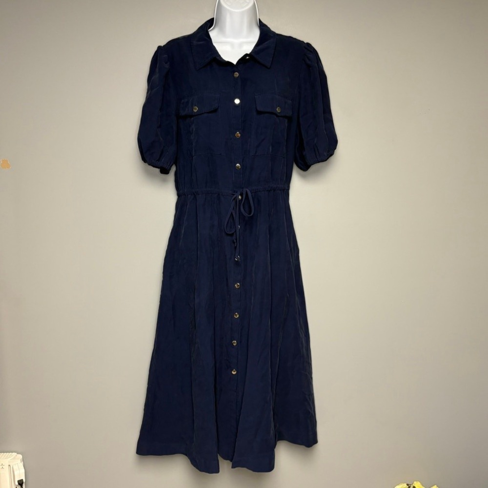Lands' End Navy Blue Nautical Puff Sleeve Preppy Button-Up Maxi Shirt Dress Sz L